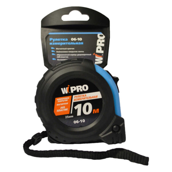 Рулетка WIPRO 10м*25мм,АБС-пластик+резина,одностор.разметка,нейлон.покр.,магнит.упор. 06-10